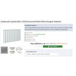 Eastbrook Guardia 600 x 1420 Horizontal Matt White Designer Radiator
