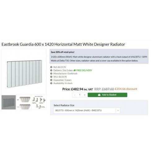 Eastbrook Guardia 600 x 1420 Horizontal Matt White Designer Radiator