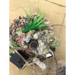 AquaBio Aquarium with accessories, pump, decorations, good condition, cleaning kit, spare hose, net