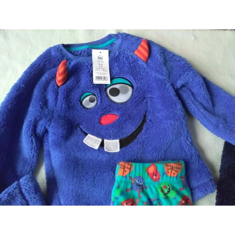 Boys Brand NEW Alien fleece Pyjamas 3D eyes on + Navy Dressing Gown Age 5-6 WILL POST