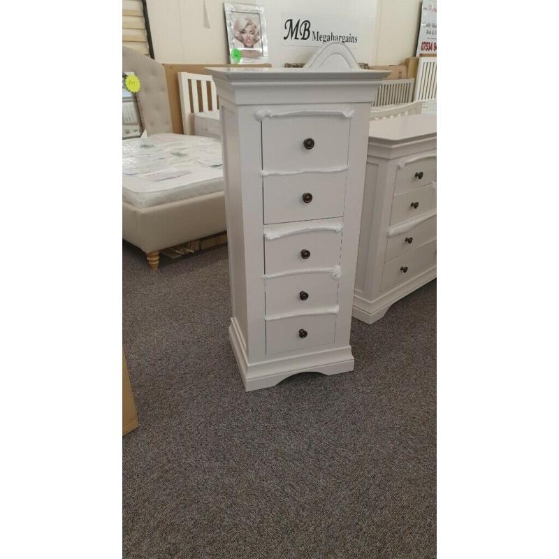Brand New Normandy 5 Drawer Solid Oak Narrow Chest In Light Grey Can Deliver