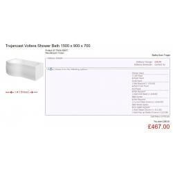 shower bath, trojan P shaped showerbath, reinforced 1500 x 900mm