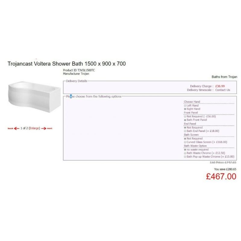 shower bath, trojan P shaped showerbath, reinforced 1500 x 900mm