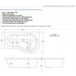 shower bath, trojan P shaped showerbath, reinforced 1500 x 900mm