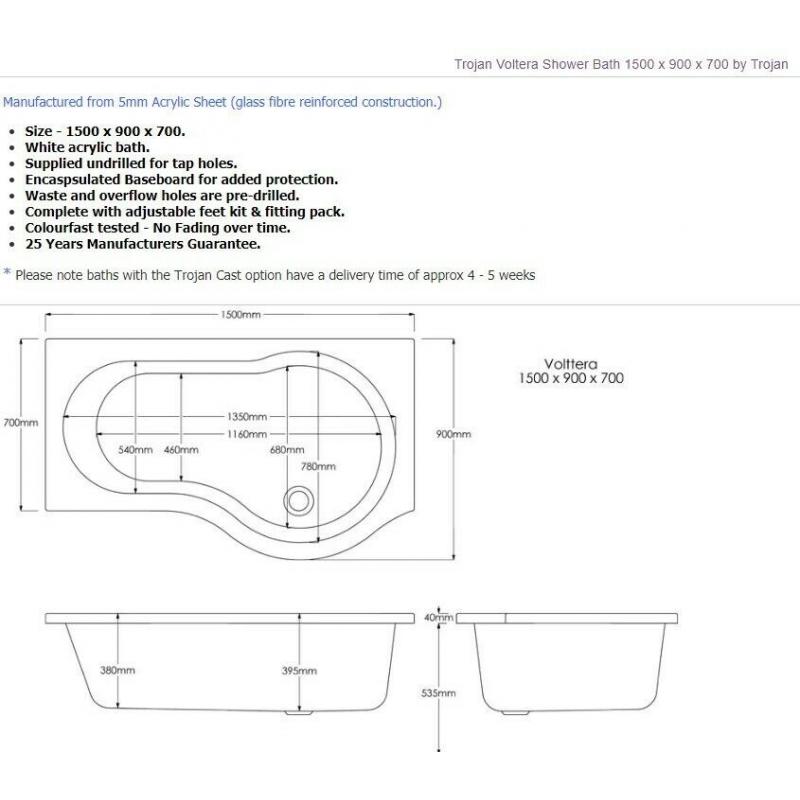 shower bath, trojan P shaped showerbath, reinforced 1500 x 900mm