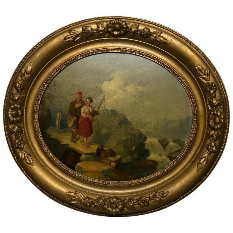 Victorian Scottish Highland Oval Oil Painting Ghillie & Girl Bagpipes & Terrier