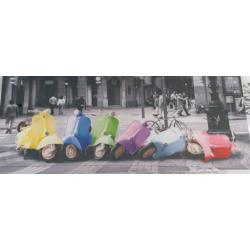 Canvas picture of colourful Vespa's on black and white background