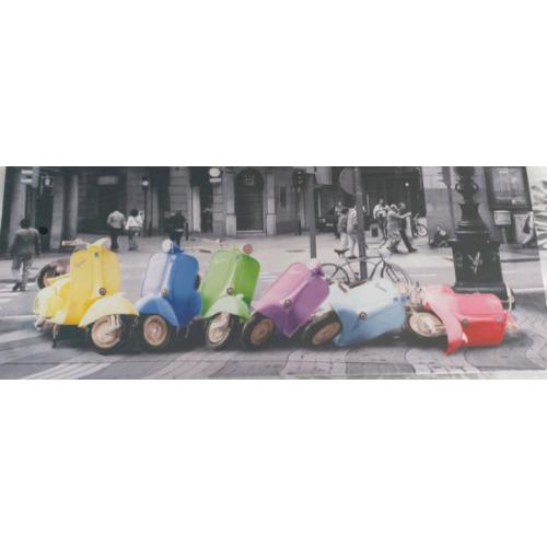 Canvas picture of colourful Vespa's on black and white background