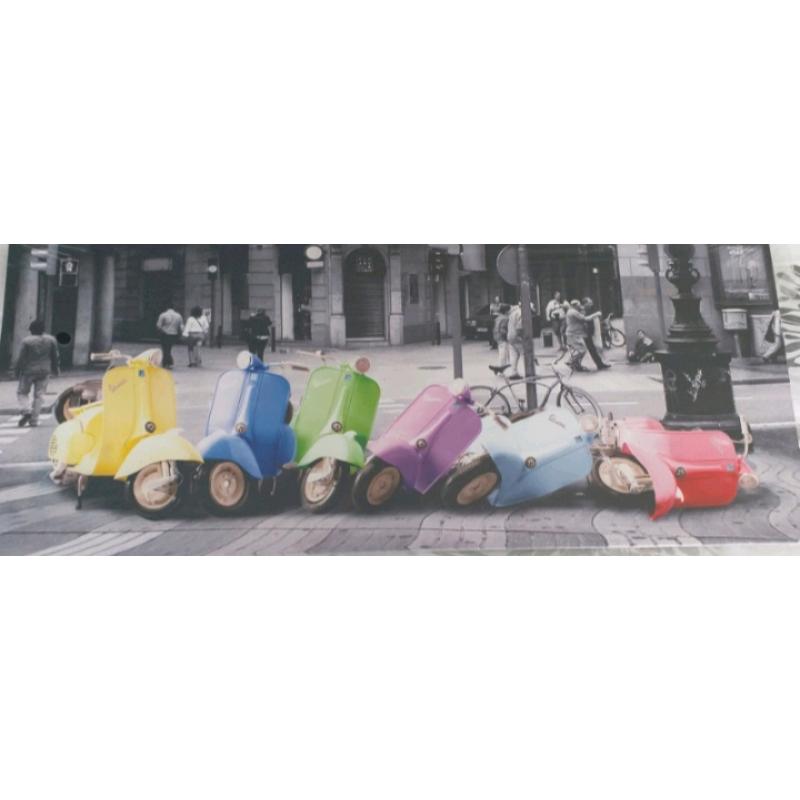 Canvas picture of colourful Vespa's on black and white background