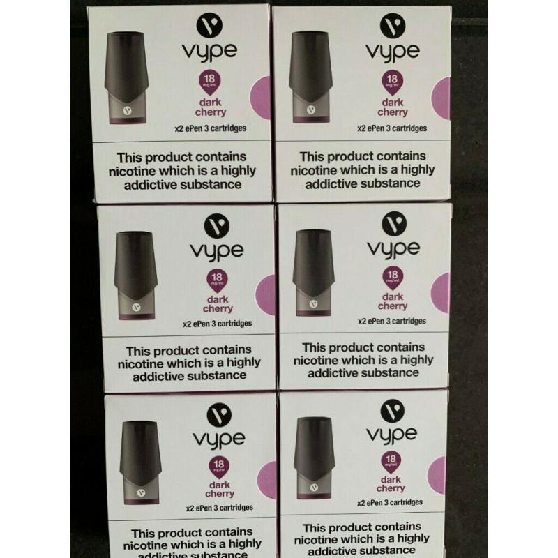 VYPE EPEN 3 CARTRIDGES DARK CHERRY VAPE PEN PODS 18ML X 6 Packs of x 2 Pods = 12 Pods.