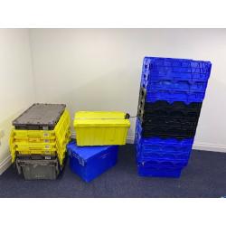 Storage / removal boxes with lids. Will stack & support heavy weight