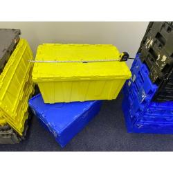 Storage / removal boxes with lids. Will stack & support heavy weight