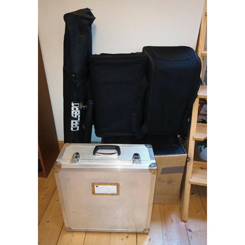 PA system: QSC K8s + The Box Pro Achat 112 Sub A speakers, Soundcraft EFX8 mixer, tote bags, stands