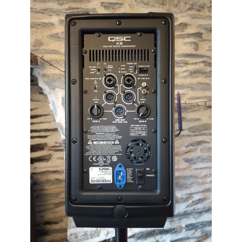 PA system: QSC K8s + The Box Pro Achat 112 Sub A speakers, Soundcraft EFX8 mixer, tote bags, stands