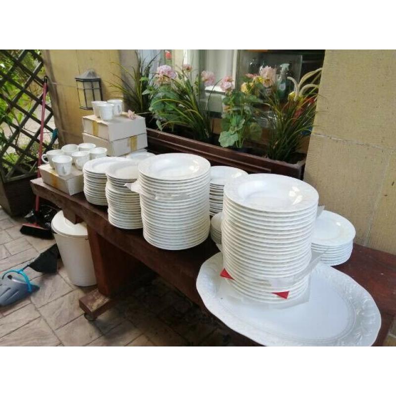 A large amount of white crockery