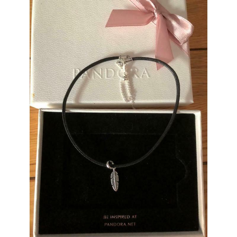 New and Unused Pandora Leather Choker with Feather Charm