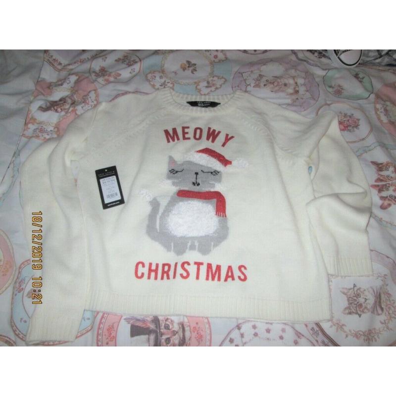 GIRLS CAT CHRISTMAS JUMPER SIZE 14/15 YEARS FROM NEW LOOK NEW WITHOUT TAGS