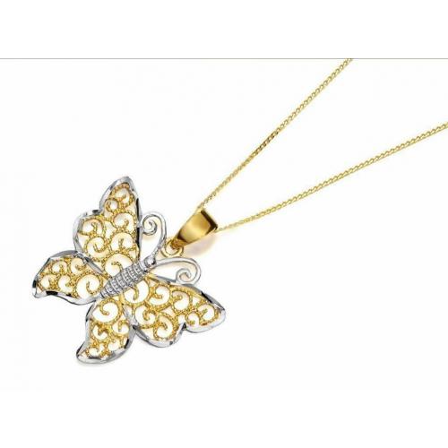 9ct Two Colour Gold Filigree Butterfly Necklace -