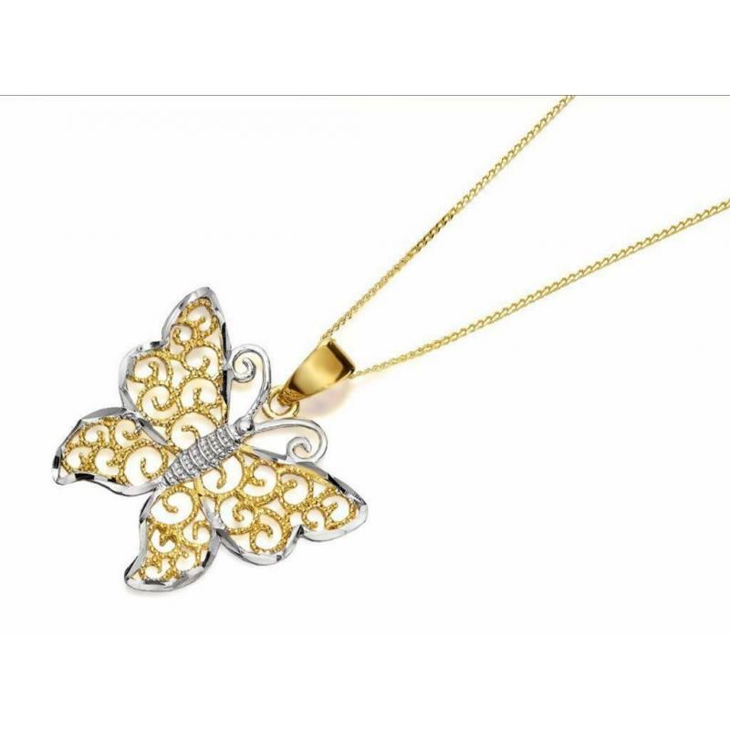 9ct Two Colour Gold Filigree Butterfly Necklace -