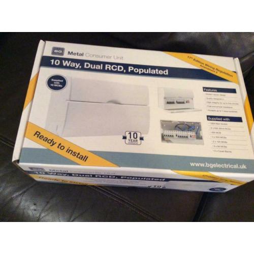 B/N BG 10 way dual RCD populated metal consumer unit ready install