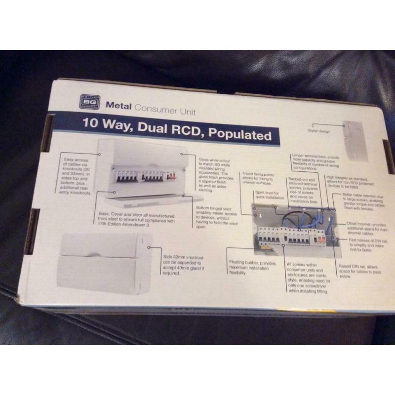 B/N BG 10 way dual RCD populated metal consumer unit ready install