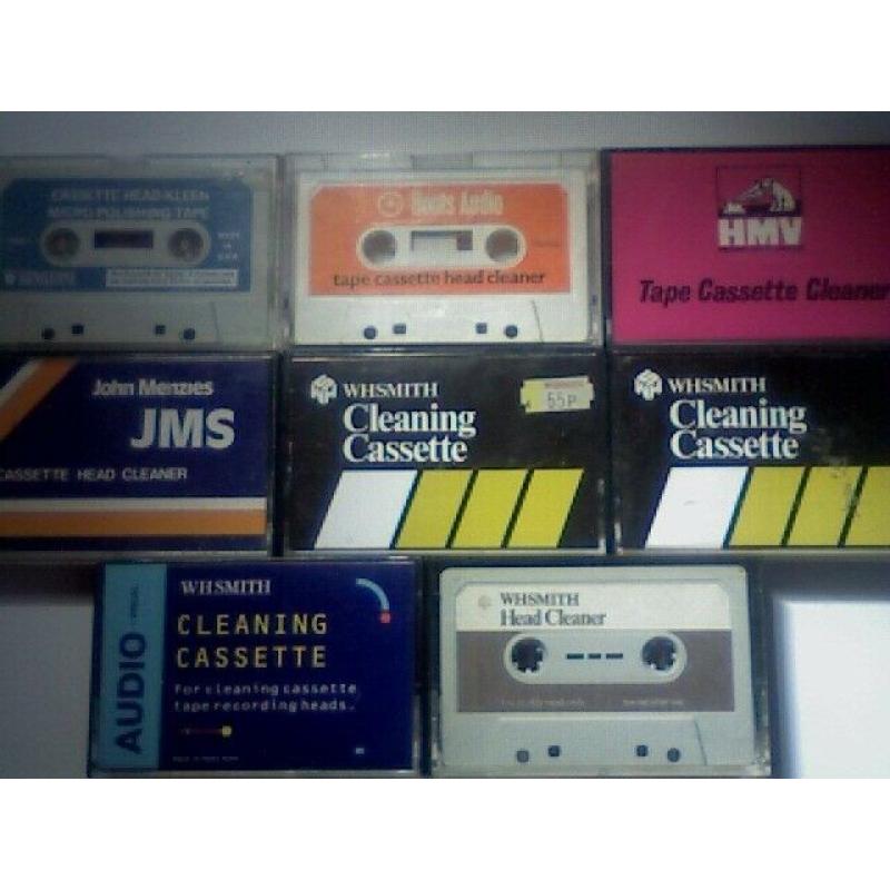 HC BINATONE (WOOLWORTHS), BOOTS, HMV, JOHN MENZIES, 4x WH SMITH CASSETTE HEAD CLEANER TAPES