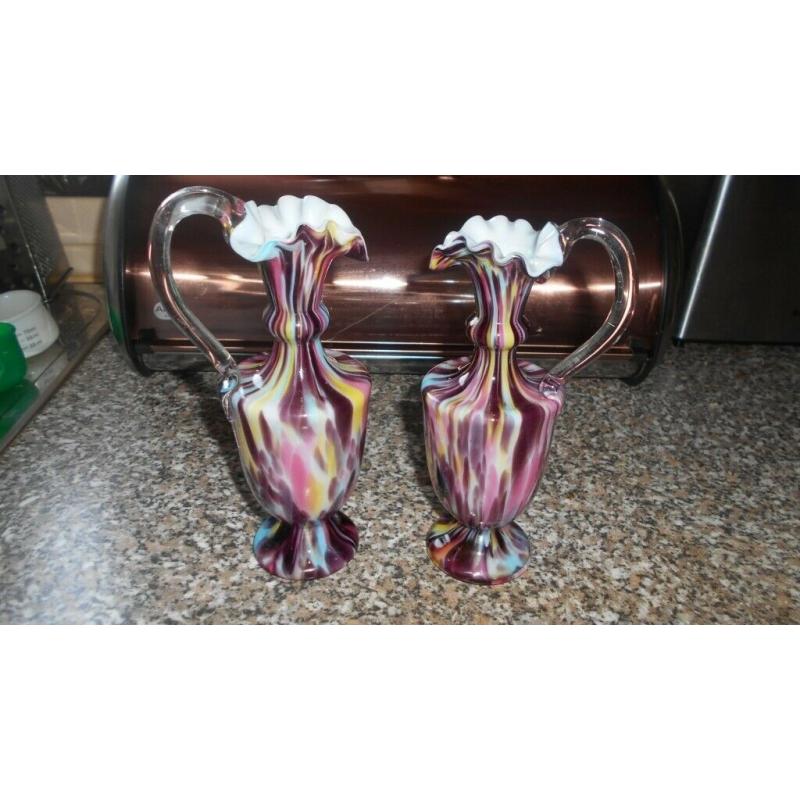 Pair of Antique Victorian Hand Blown, Cased Spatter Glass Ewer Vases
