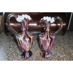 Pair of Antique Victorian Hand Blown, Cased Spatter Glass Ewer Vases