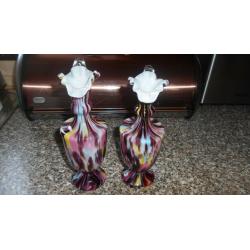 Pair of Antique Victorian Hand Blown, Cased Spatter Glass Ewer Vases