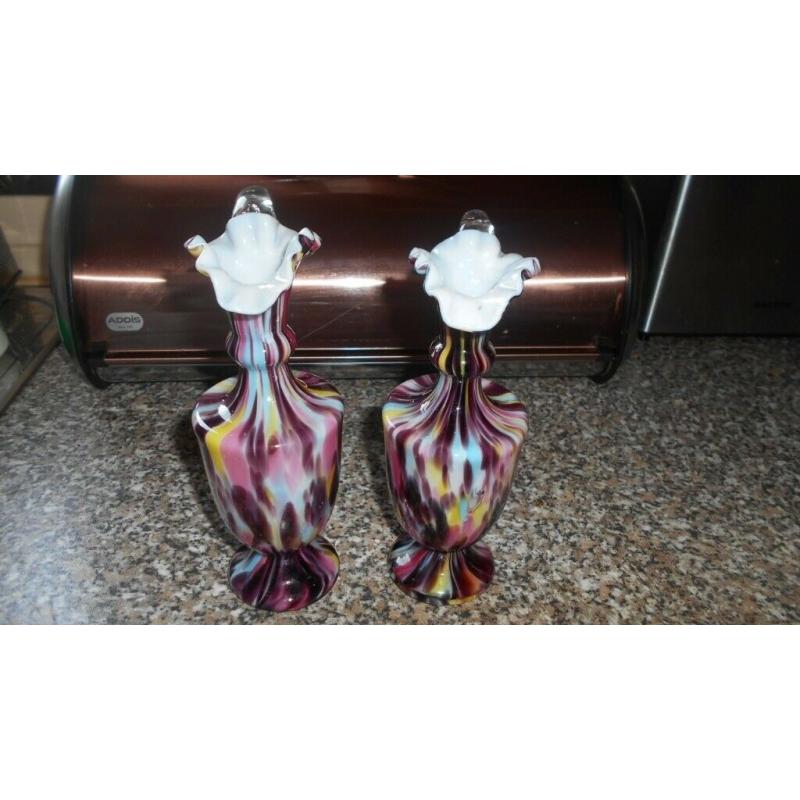 Pair of Antique Victorian Hand Blown, Cased Spatter Glass Ewer Vases