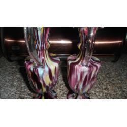 Pair of Antique Victorian Hand Blown, Cased Spatter Glass Ewer Vases