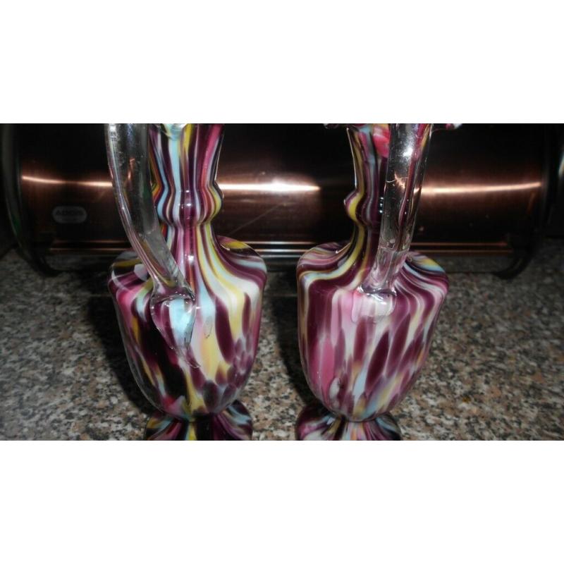 Pair of Antique Victorian Hand Blown, Cased Spatter Glass Ewer Vases