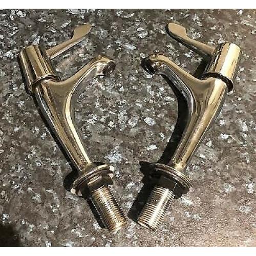 Pair of Chrome Lever Taps. Tall Neck. Hot Cold Ceramic Valves. Unused.
