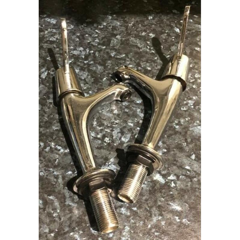 Pair of Chrome Lever Taps. Tall Neck. Hot Cold Ceramic Valves. Unused.