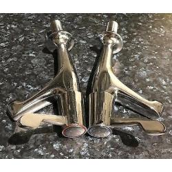 Pair of Chrome Lever Taps. Tall Neck. Hot Cold Ceramic Valves. Unused.