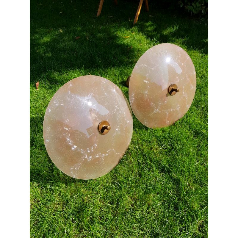 PAIR OF 1950'S LARGE MARBLED PINK GLASS PENDANT LIGHTS