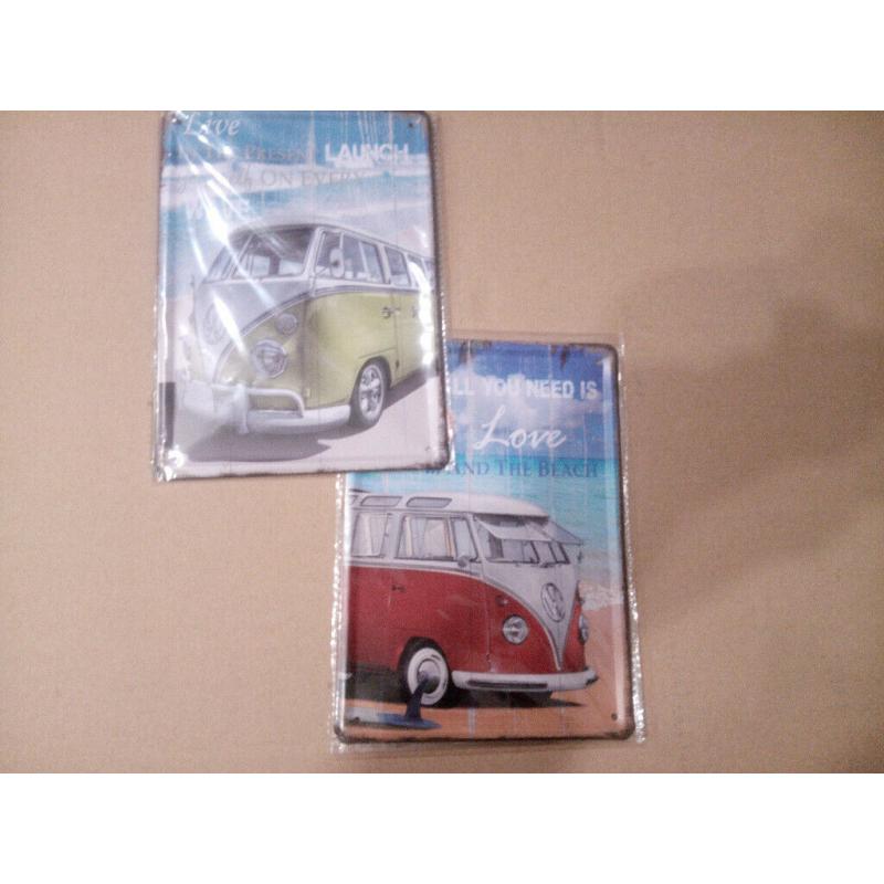 Tin wall plaques, Harley, Bentley, Marylin Monro, VW van etc