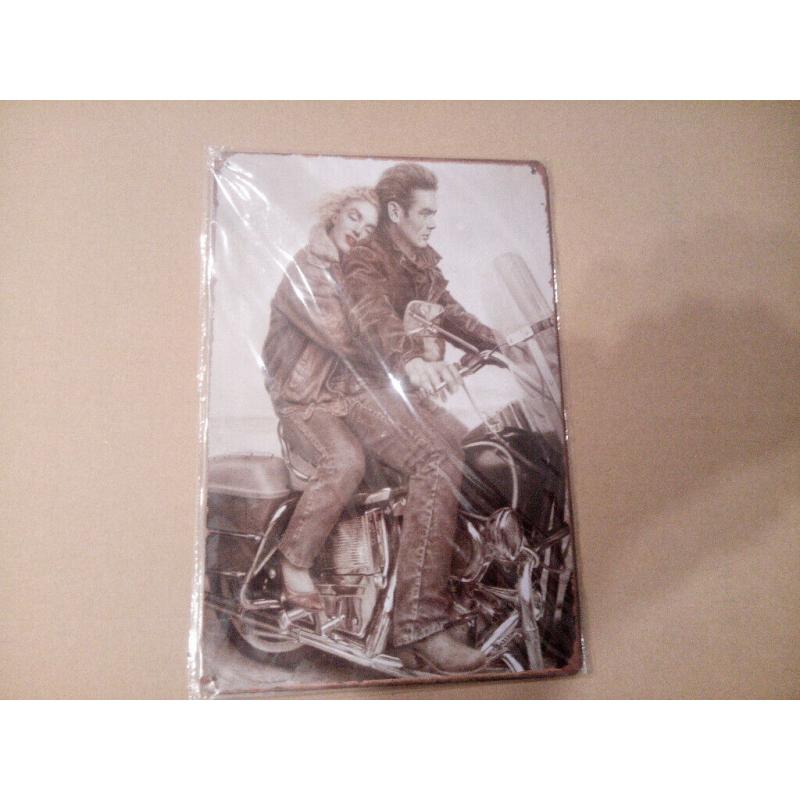 Tin wall plaques, Harley, Bentley, Marylin Monro, VW van etc