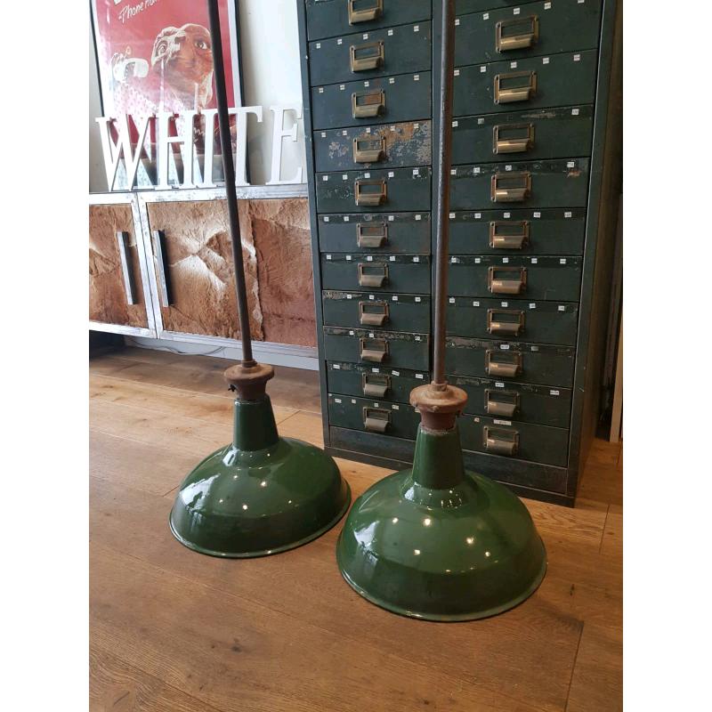 Vintage WW2 enamel Benjamin pendant factory lights