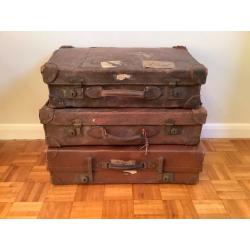 Set of 3 Vintage Brown Leather Suitcases, perfect for storage, props and interior design display