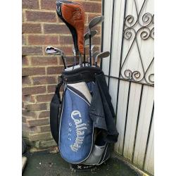 Various golf clubs and bag