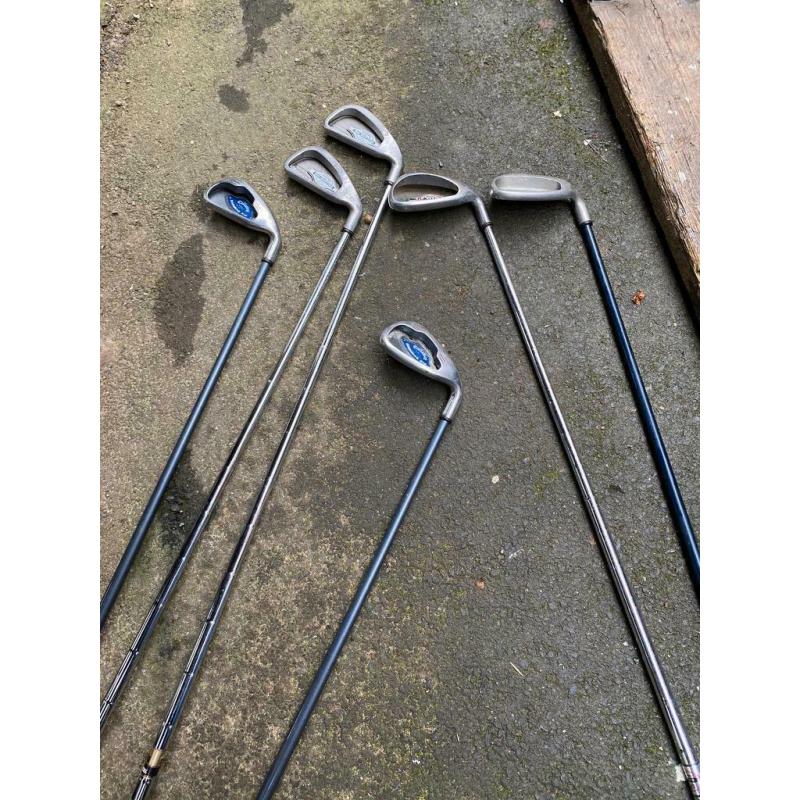 Various golf clubs and bag
