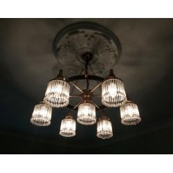 2 vintage 1960s large hanging metal and crystal medieval style ceiling lights.