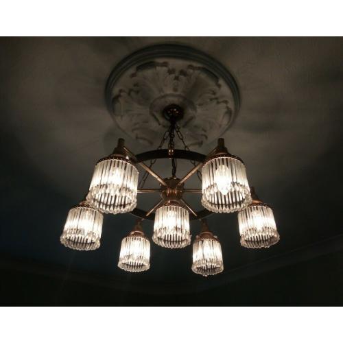2 vintage 1960s large hanging metal and crystal medieval style ceiling lights.