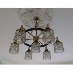2 vintage 1960s large hanging metal and crystal medieval style ceiling lights.