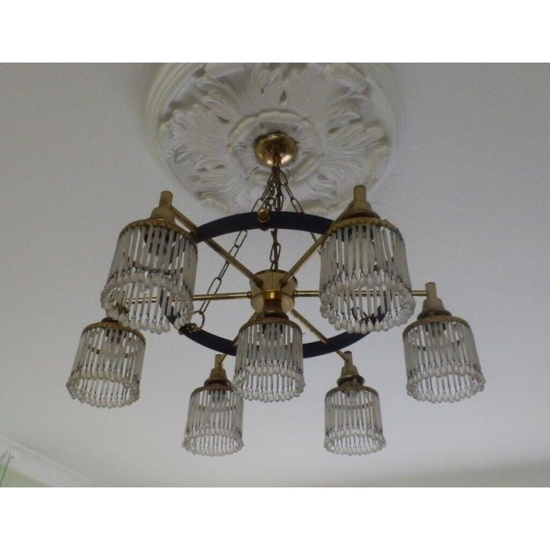 2 vintage 1960s large hanging metal and crystal medieval style ceiling lights.