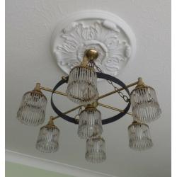 2 vintage 1960s large hanging metal and crystal medieval style ceiling lights.