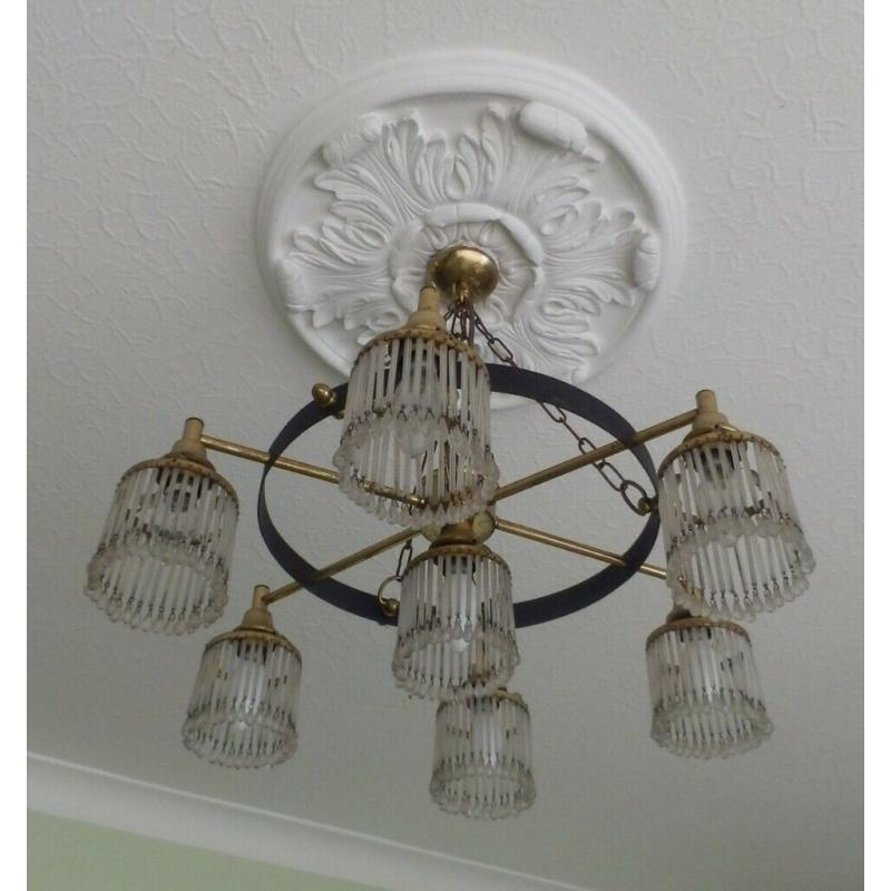 2 vintage 1960s large hanging metal and crystal medieval style ceiling lights.