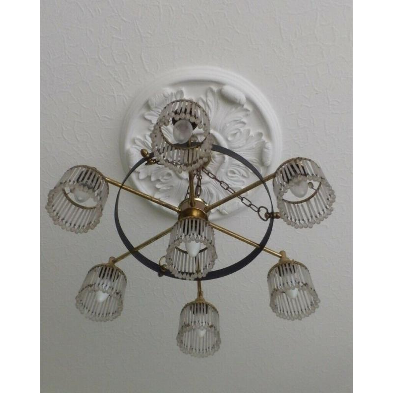 2 vintage 1960s large hanging metal and crystal medieval style ceiling lights.